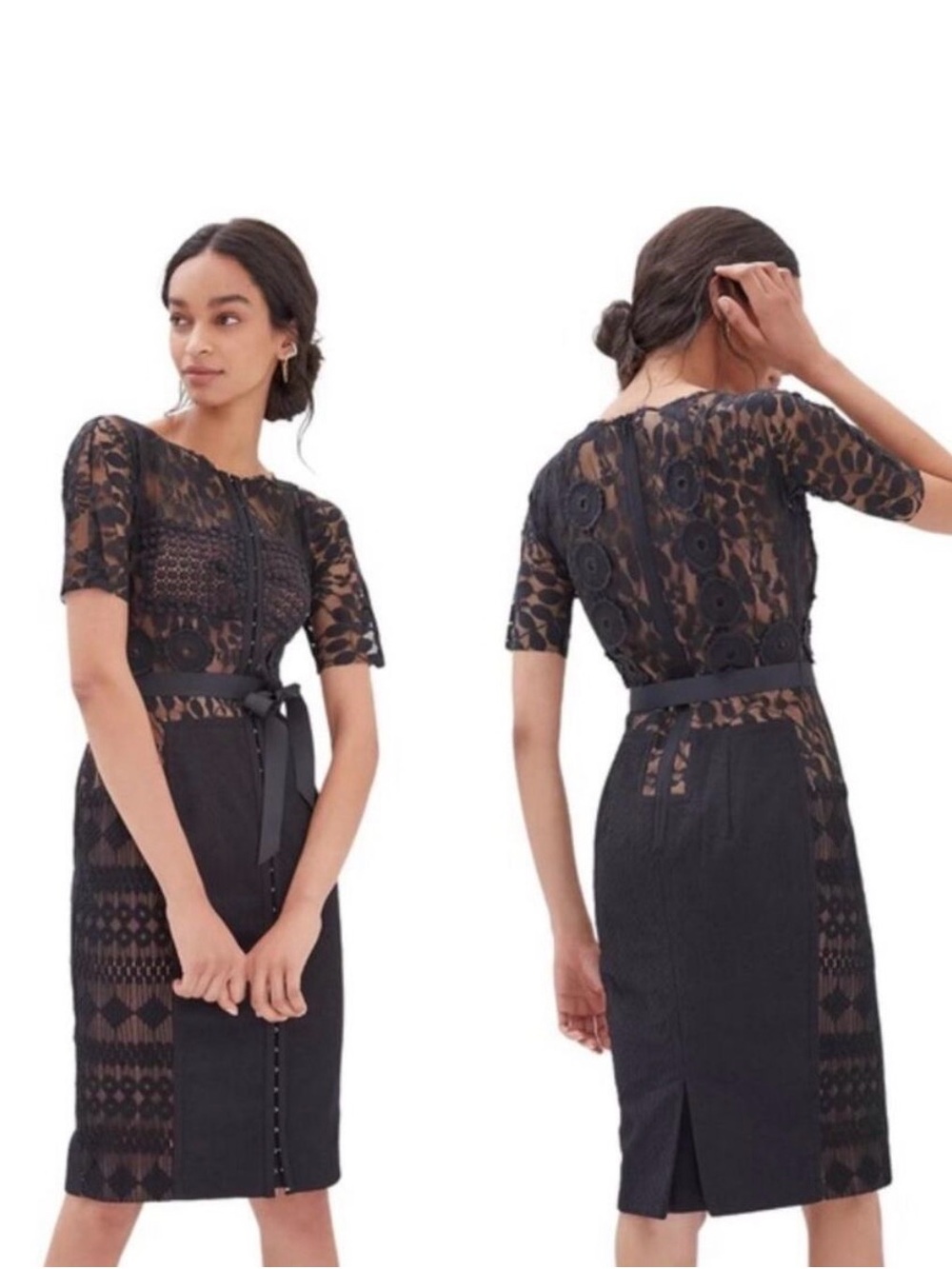 Anthropologie Black Lace Midi Dress with Satin Tie